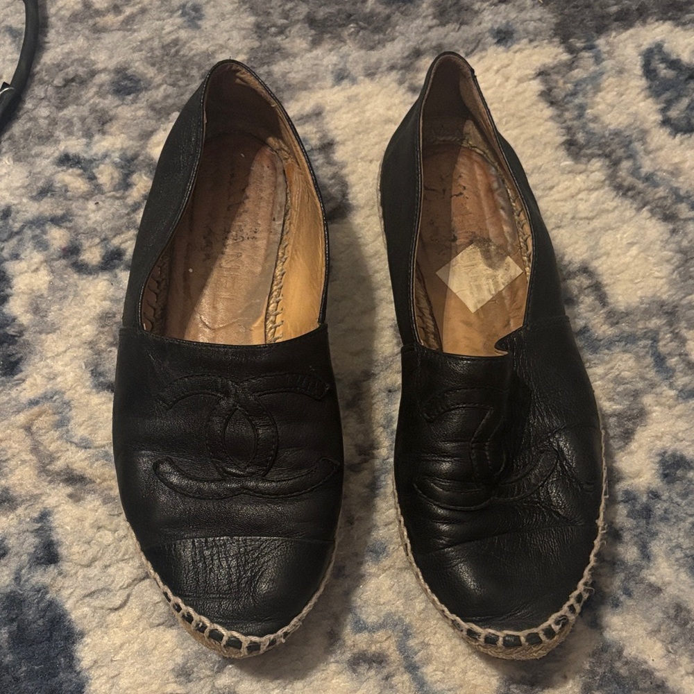 CHANEL Black Leather Espadrilles